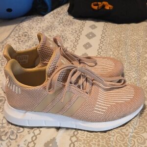 adidas Rose Pink Knit Sneakers with Tan Three-Stripes